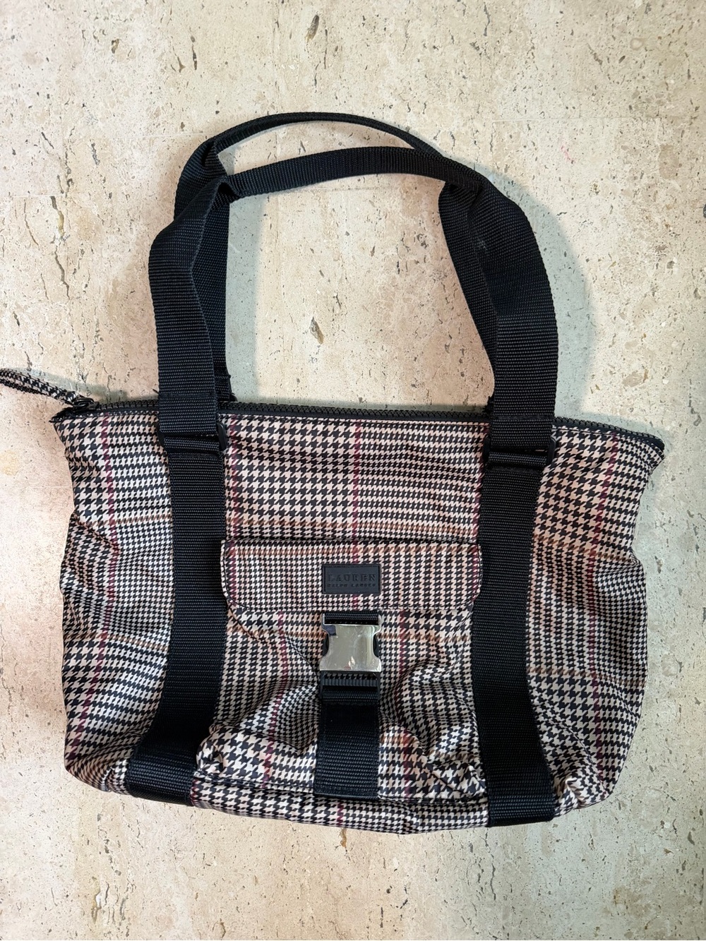 Lauren Ralph Lauren Houndstooth Tote Bag Black & Tan Silver Buckle Y2K Vintage